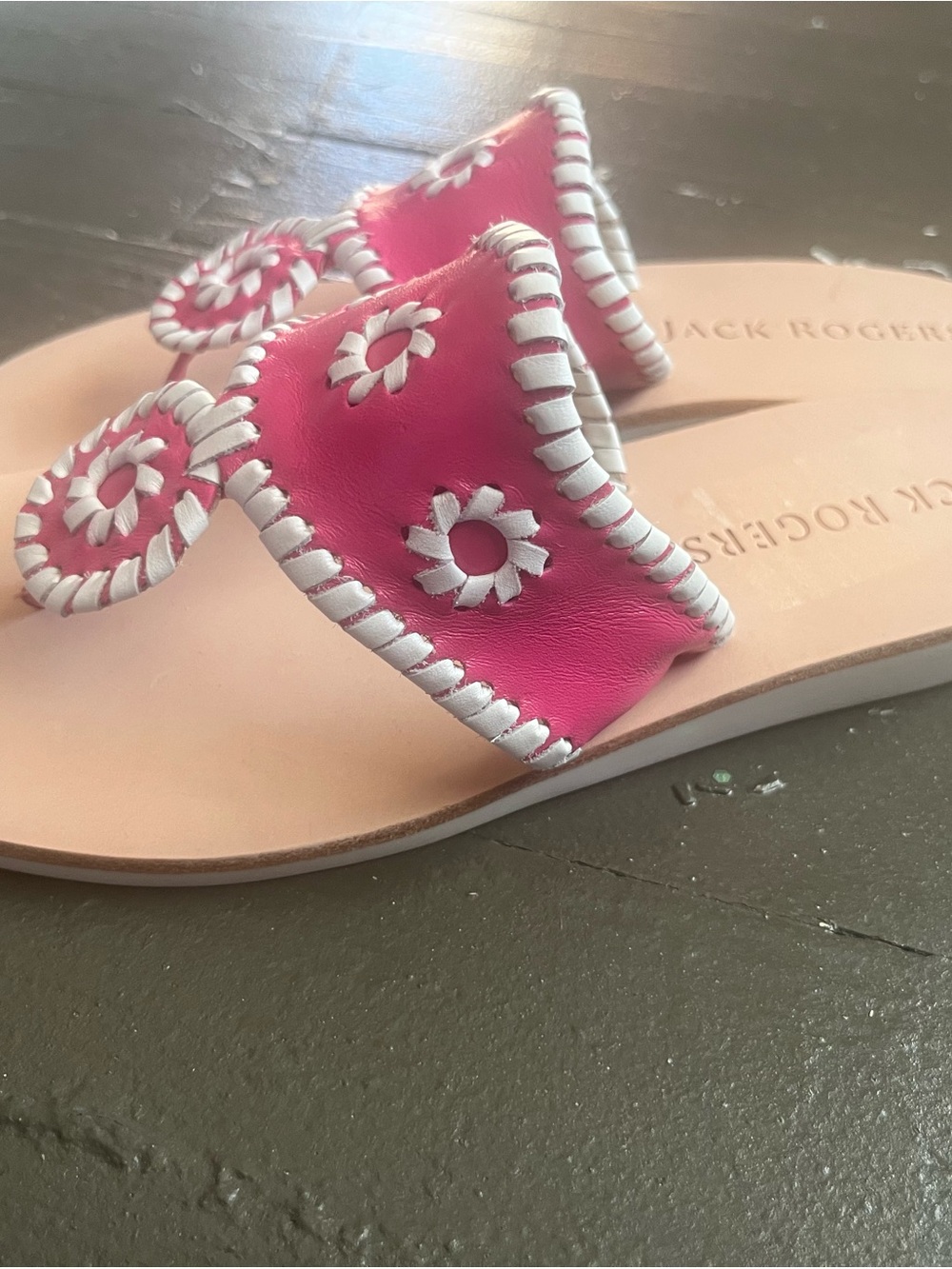 Jack Rogers Boating Jacks Pink Leather Whipstitch Thong Sandals - Picture 4 of 5